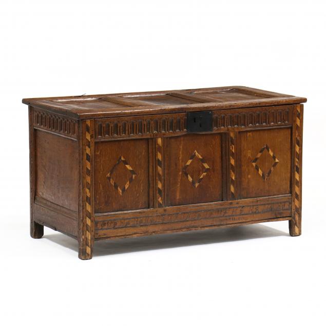 Appraisal: ENGLISH JACOBEAN INLAID OAK COFFER th century light and dark