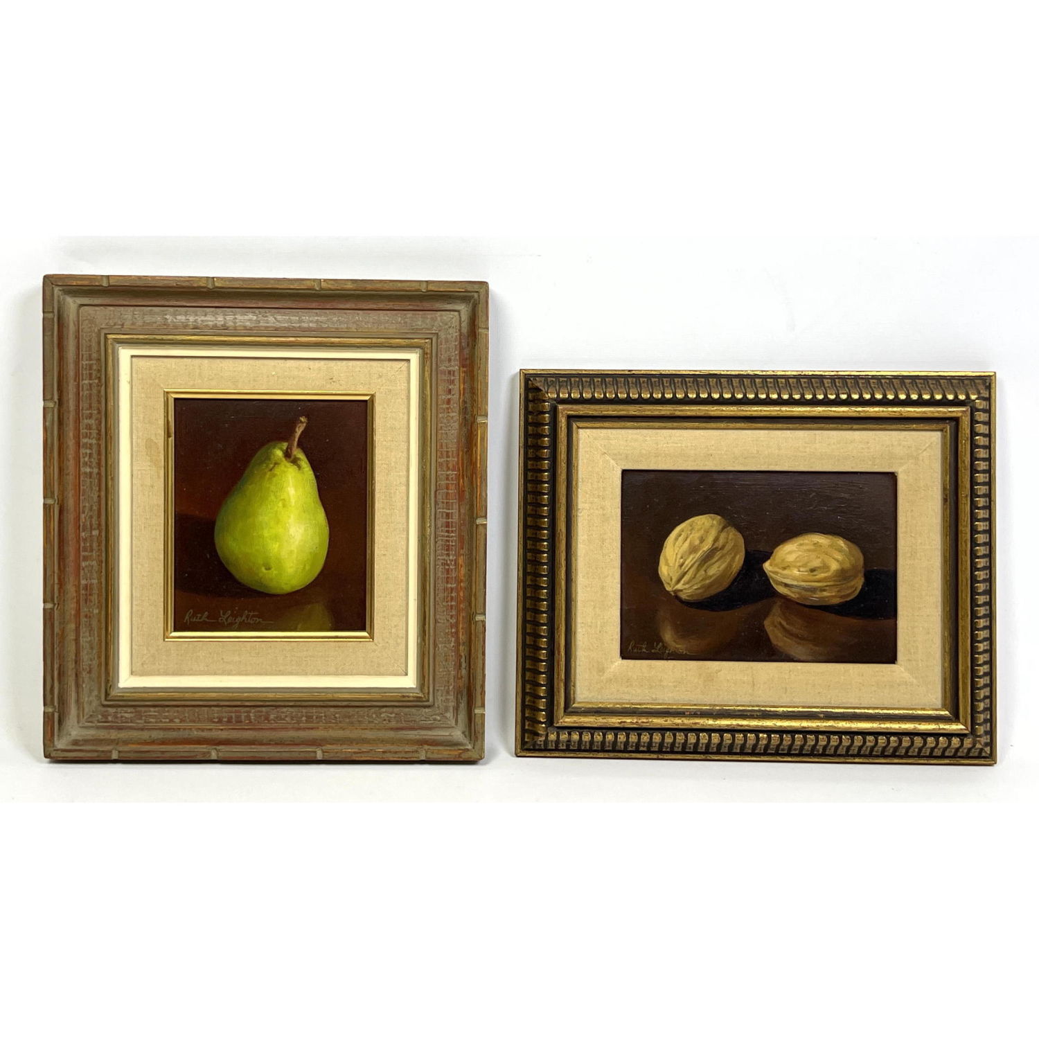 Appraisal: RUTH LEIGHTON Miniature Still-life Paintings Pear and walnuts Dimensions H