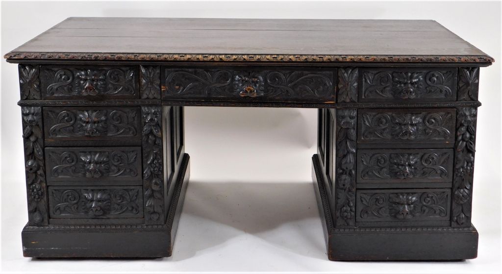 Appraisal: ENGLISH RENAISSANCE REVIVAL CARVED OAK DESK England th CenturyRectangular oak