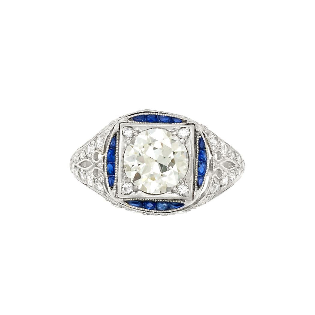 Appraisal: Platinum Diamond and Sapphire Ring One old-European cut diamond ap