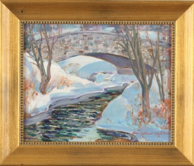 Appraisal: Bridge in winter oil on board x sight SLR Artist