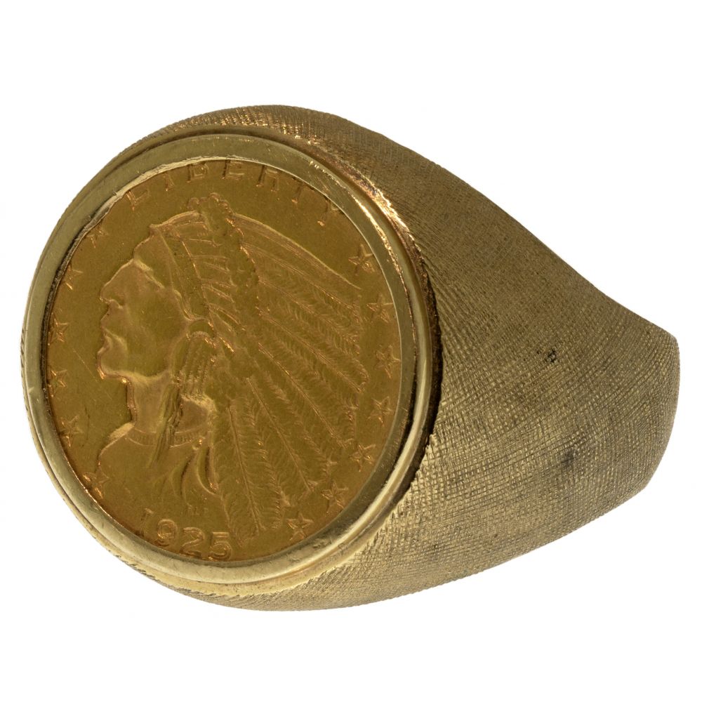 Appraisal: GOLD COIN IN K RINGBrushed gold dome style having a