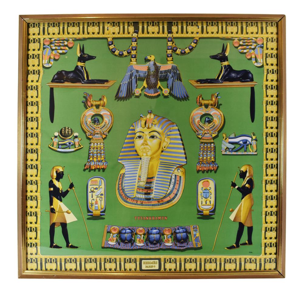 Appraisal: HERMES TUTANKHAMEN SILK SCARFMarked Hermes Paris green ground now framed