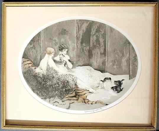 Appraisal: Signed Louis Icart Spilled Milk Les Chatons with two women