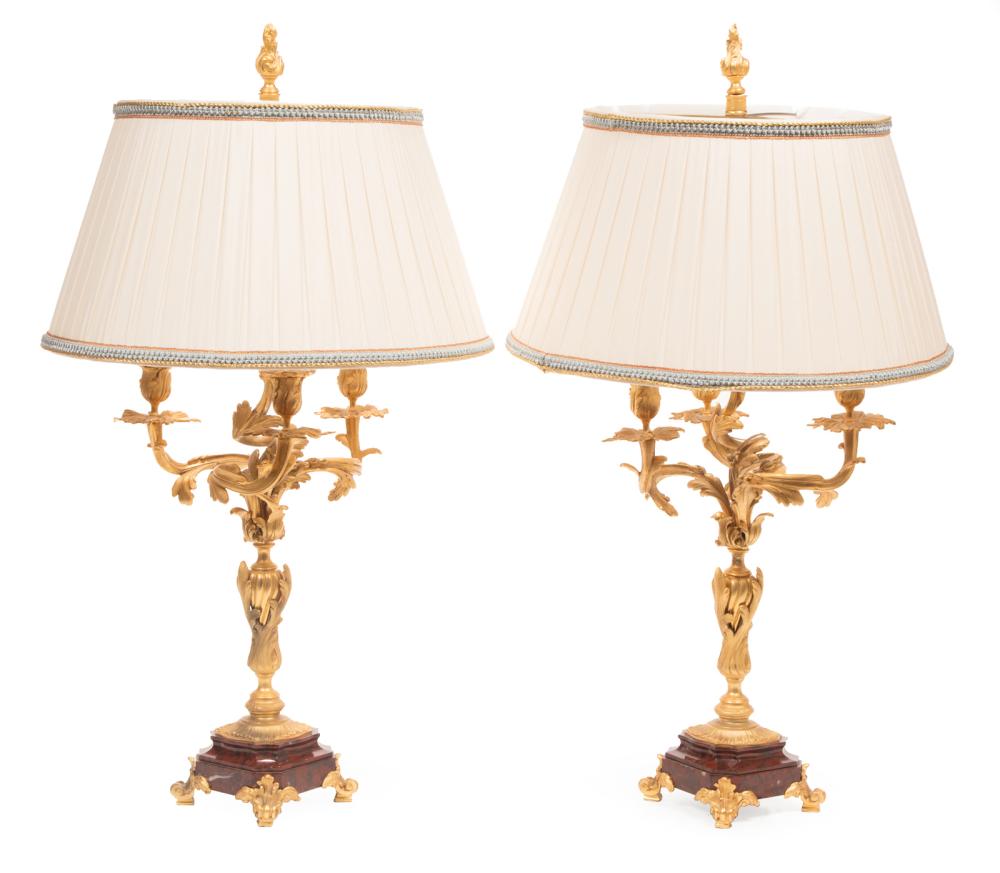 Appraisal: Pair of Louis XV-Style Gilt Bronze and Rouge Marble Candelabra