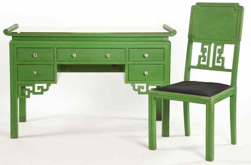 Appraisal: Painted Chinese Style Writing Desk and Side Chaircirca s green