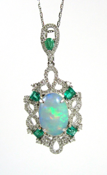 Appraisal: OPAL EMERALD AND DIAMOND PENDANT NECKLACE suspended on an inch