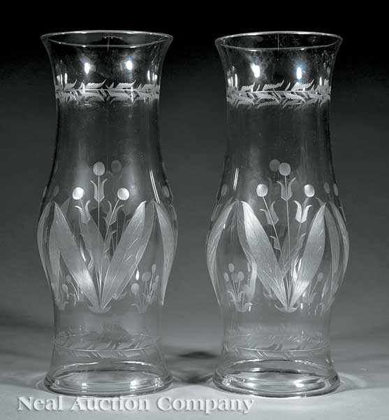 Appraisal: A Pair of Crystal Hurricane Shades with molded foot etched