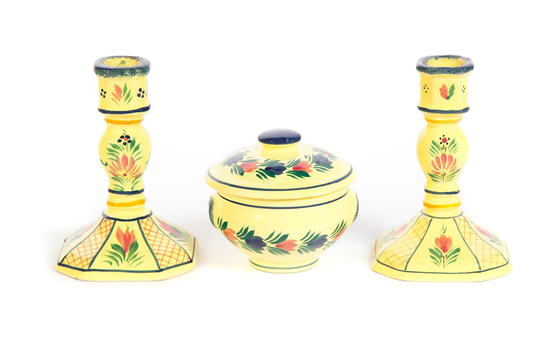 Appraisal: THREE PIECES OF CANARY QUIMPER Late th century Pair of