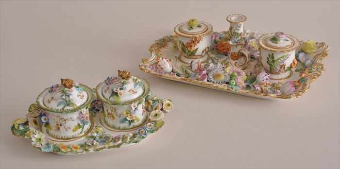 Appraisal: TWO COALBROOKDALE-TYPE FLORAL-ENCRUSTED PORCELAIN INK STANDS The larger with two