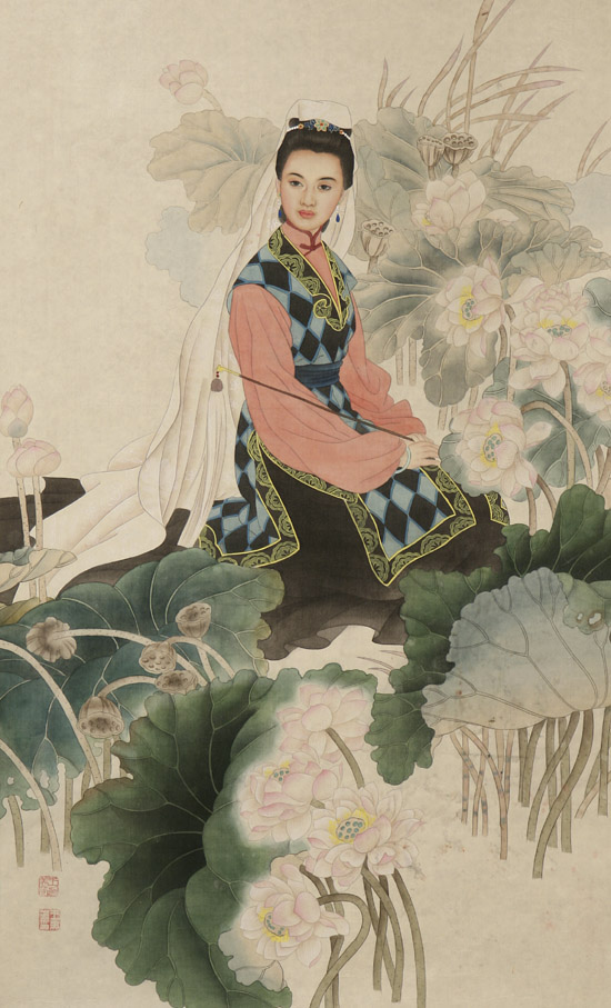 Appraisal: Attributed to Wang Meifeng Chinese th Century Seated Beauties Amidst