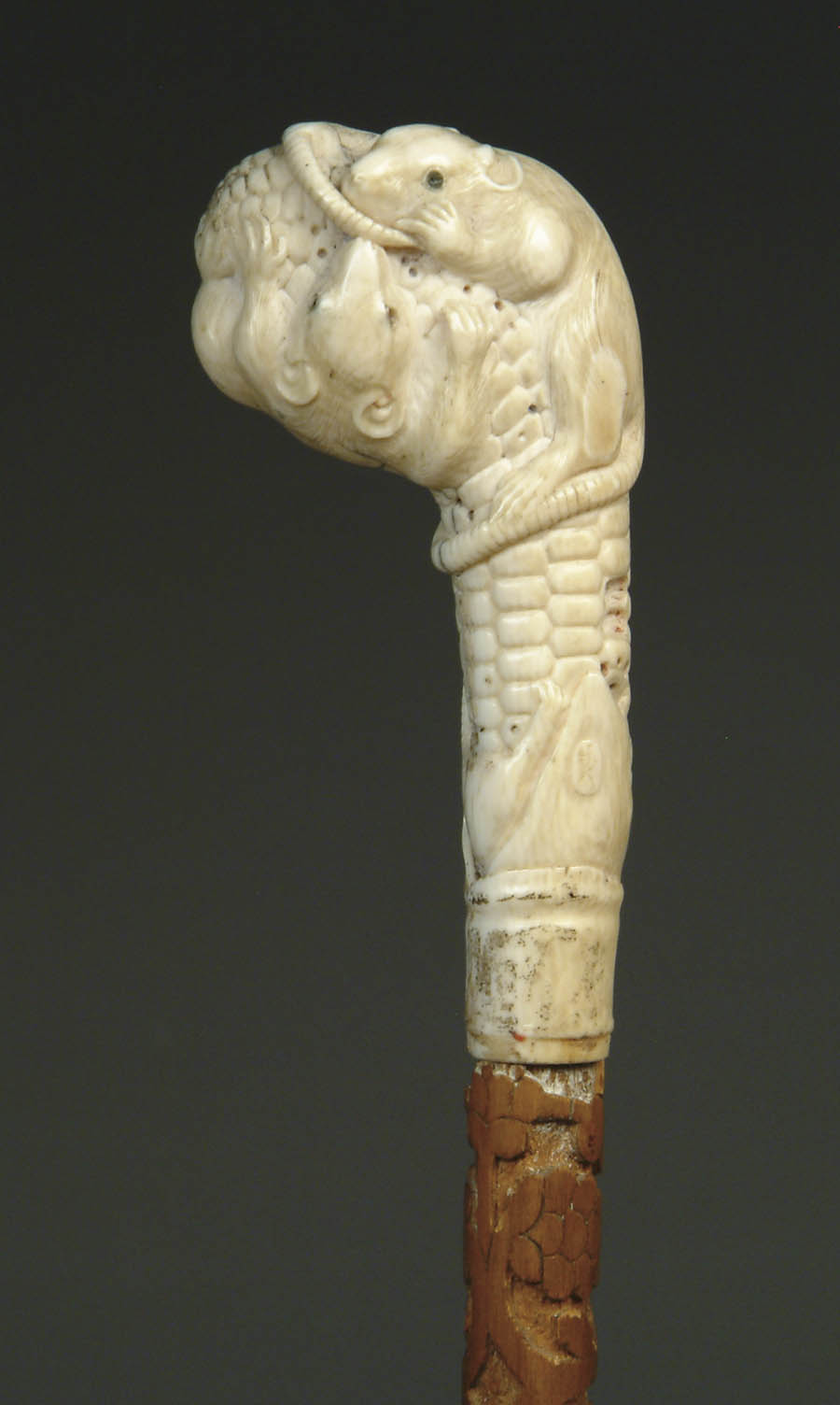 Appraisal: FINE CARVED IVORY CANE WITH MICE EATING CORN ON THE