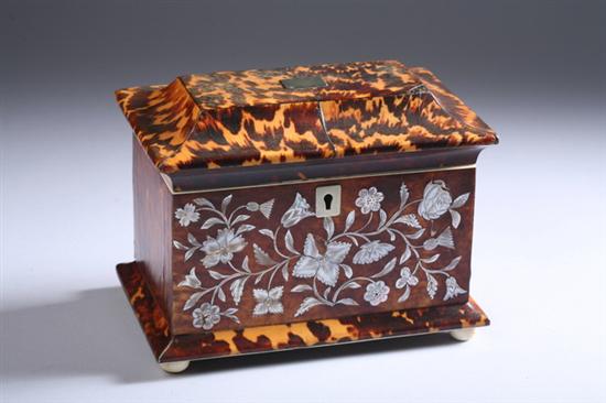 Appraisal: REGENCY TORTOISESHELL TEA CADDY Circa Pagoda top mother-of-pearl inlaid floral