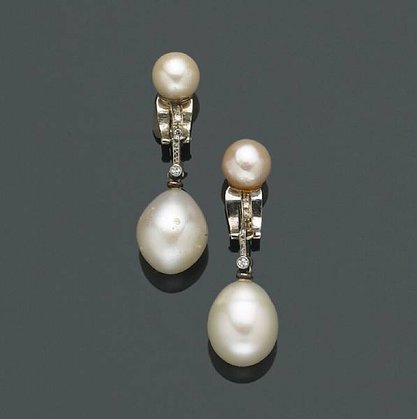 Appraisal: A pair of cultured pearl and diamond ear-clips mounted in