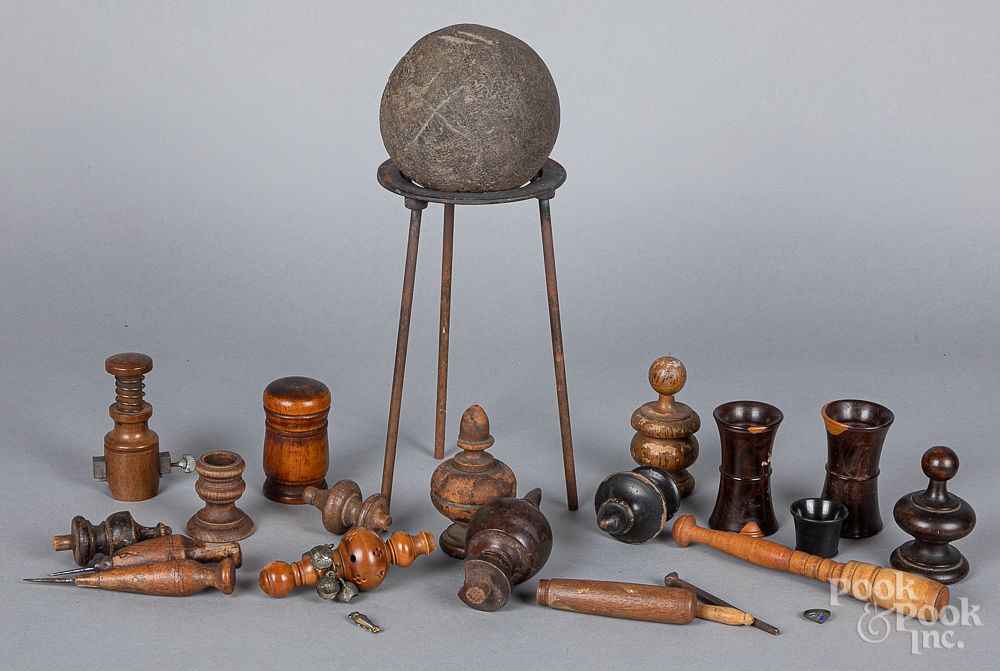 Appraisal: Group of woodenware Group of woodenware to include finials rattle