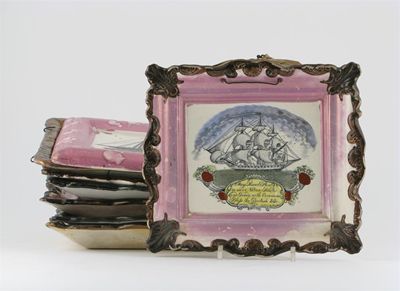 Appraisal: Nine pink lustreware plaques six decorated with ships one with