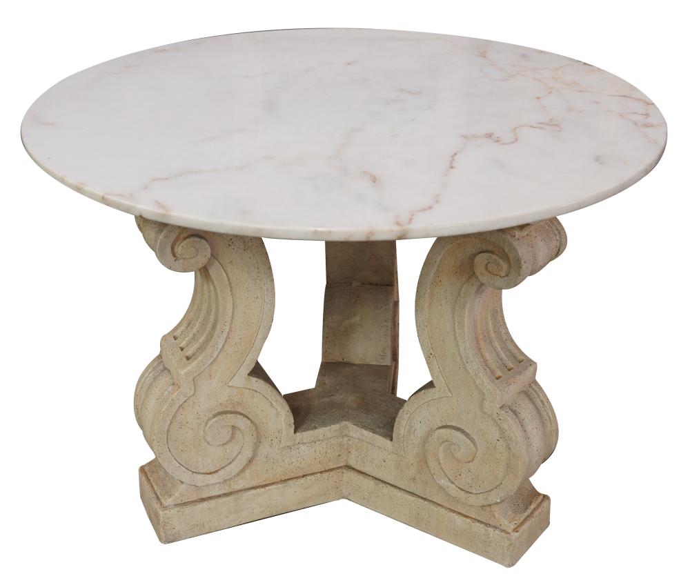 Appraisal: ROUND MARBLE-TOP CAST STONE TABLEcontemporary Condition multiple chips to rim