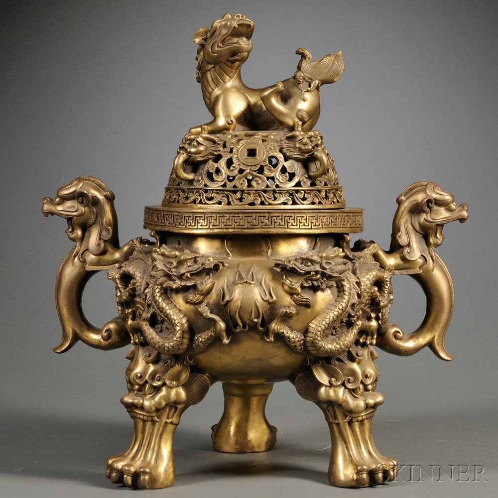 Appraisal: Bronze Tripod Censer China th century with two lion-shaped handles