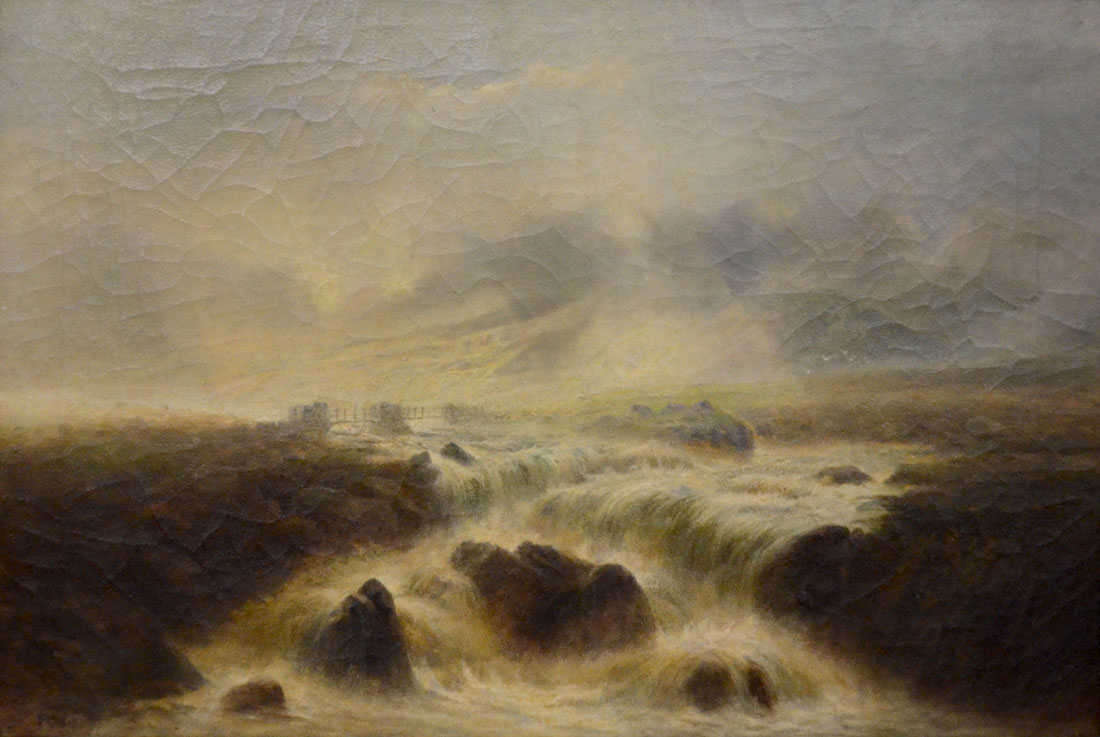 Appraisal: ILLEGIBLY SIGNED HIGHLAND PAINTING Scene depicts a spring thaw with