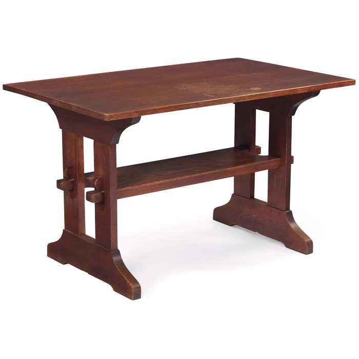 Appraisal: Gustav Stickley trestle table rectangular top over a lower shelf