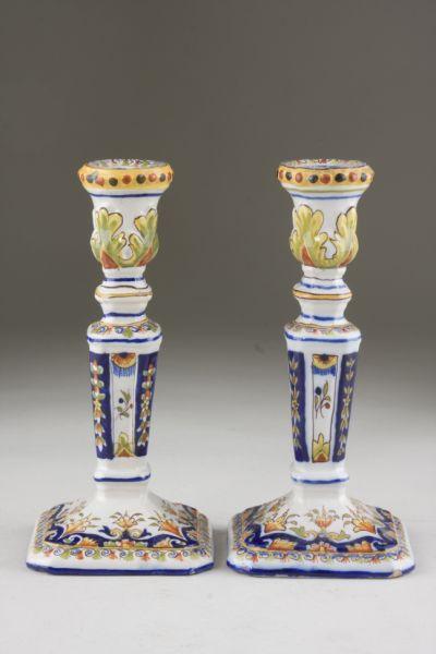 Appraisal: Pair French Faience Candlesticks th century polychrome hand decorated in