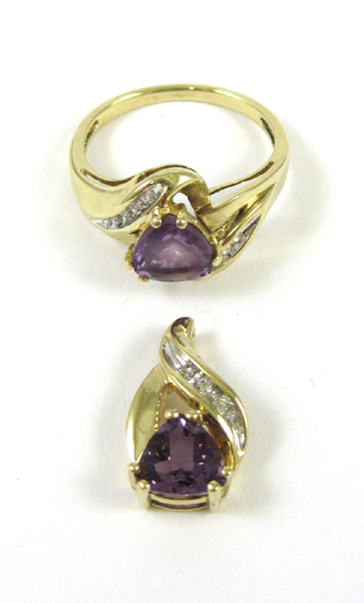 Appraisal: TWO ARTICLES OF AMETHYST AND DIAMOND JEWELRY including a k