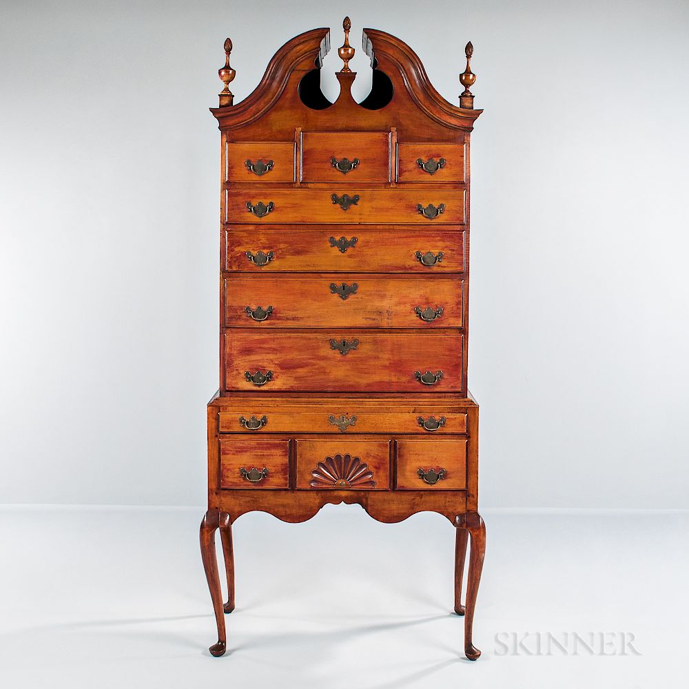 Appraisal: Carved Tiger Maple Scroll-top High Chest of Drawers Carved Tiger