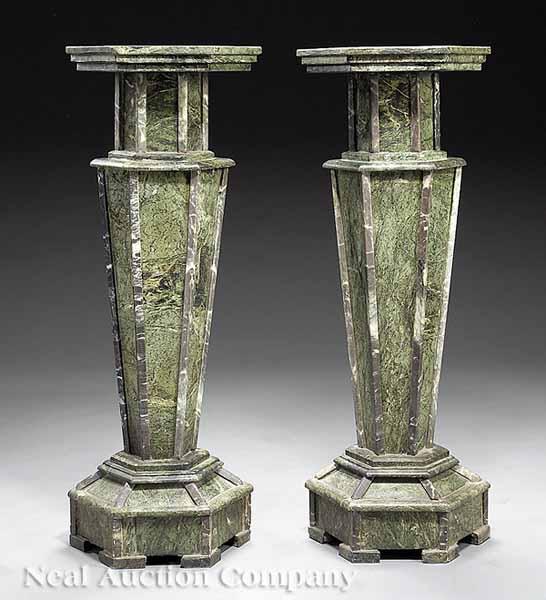 Appraisal: A Pair of Monumental Green Marble Pedestals hexagonal form finely