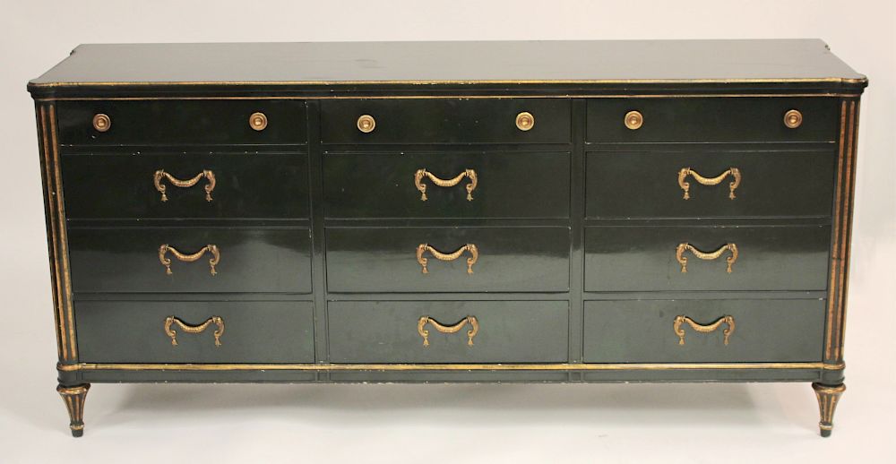 Appraisal: Louis XVI Style Green Lacquered Triple Dresser Gilt hardware and