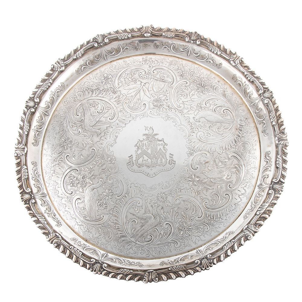 Appraisal: Impressive Sterling Silver Armorial Salver Stamped sterling on the underside