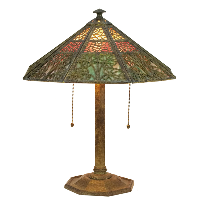 Appraisal: Bradley Hubbard table lamp eight-sided shade with organic overlay design