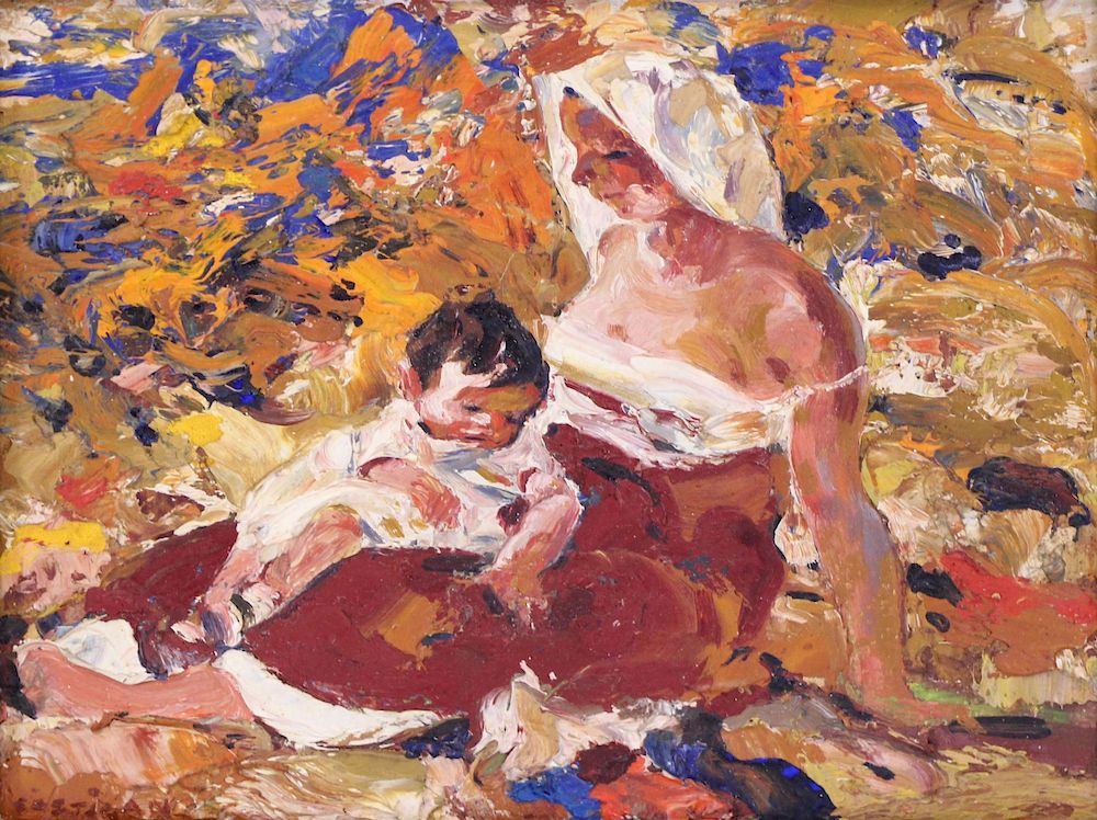 Appraisal: JOHN COSTIGAN AMERICAN - Oil on Board Mother and Child