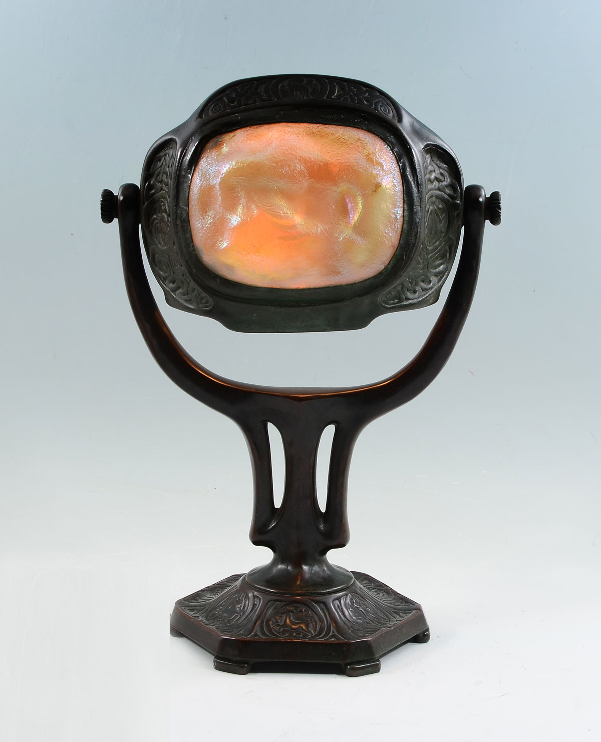 Appraisal: TIFFANY TURTLEBACK DESK LAMP W ZODIAC BASE Zodiac motif bronze