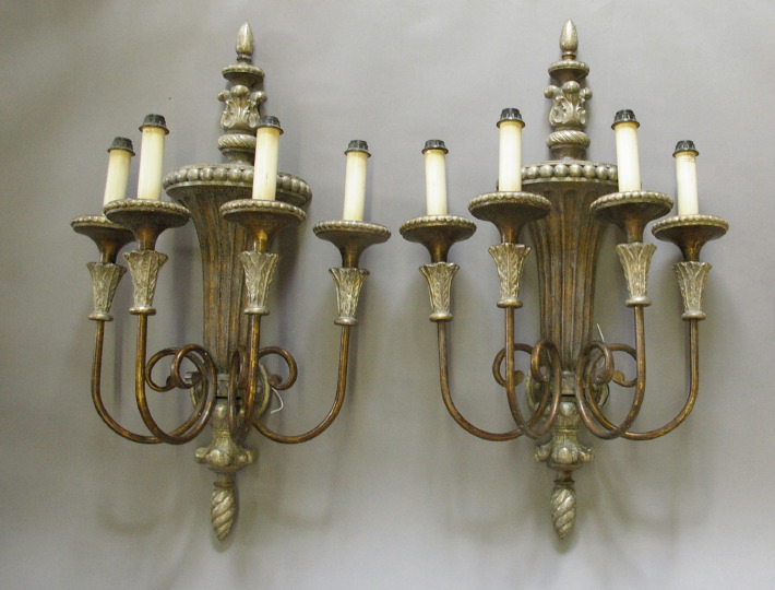 Appraisal: Large Pair of Italian Composition and Silvered and Wrought-Iron Four-Light