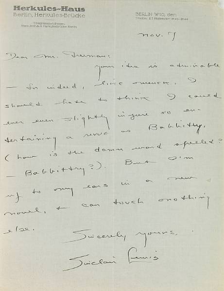 Appraisal: LEWIS SINCLAIR Autograph Letter Signed Sinclair Lewis p to Berlin