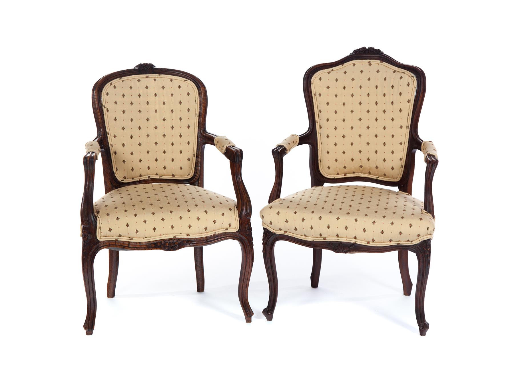 Appraisal: PAIR OF FRENCH-STYLE ARMCHAIRS Mid th century Carved floral crests