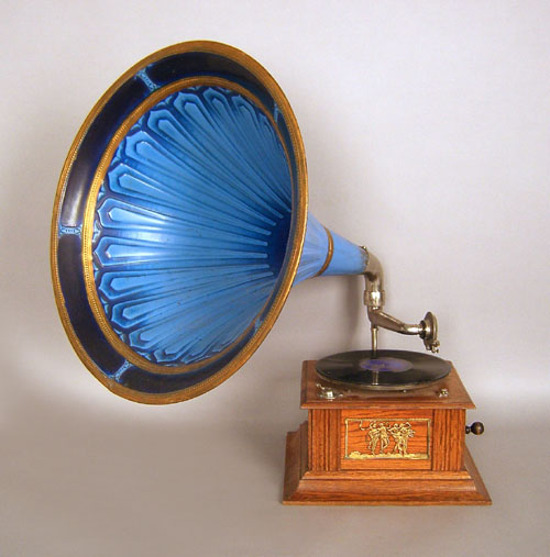 Appraisal: Oak phonograph with painted tin horn