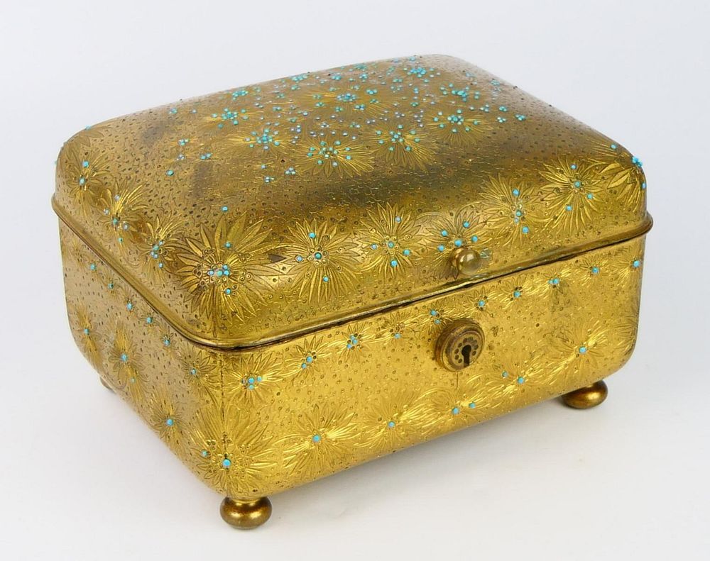 Appraisal: FRENCH ORIENTALIST GILT BRONZE JEWELED CASKET Exquisite antique Cartier Quality