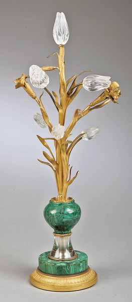 Appraisal: A Malachite and Bronze Floral Garniture with six rock crystal