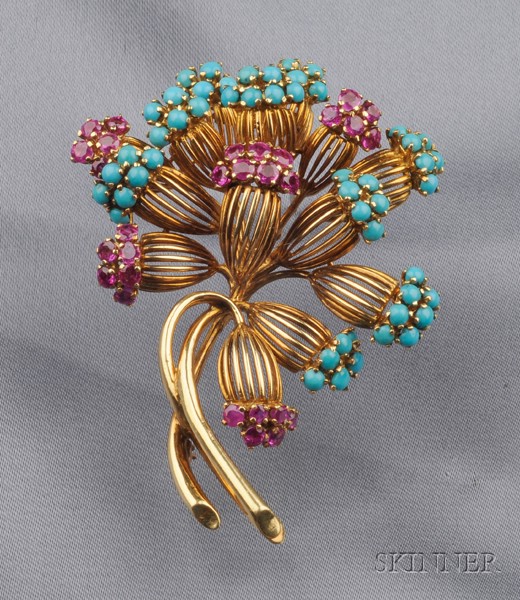 Appraisal: kt Gold Ruby and Turquoise Brooch designed as a spray