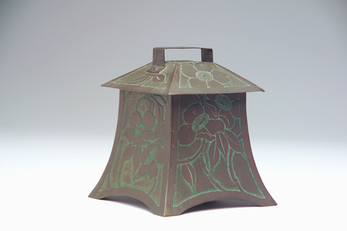 Appraisal: CARENCE CRAFTERS Pagoda-shaped brass covered box acid-etched with wild roses