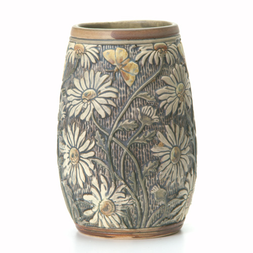 Appraisal: WELLER Knifewood bulbous vase carved with daisies and butterflies Impressed