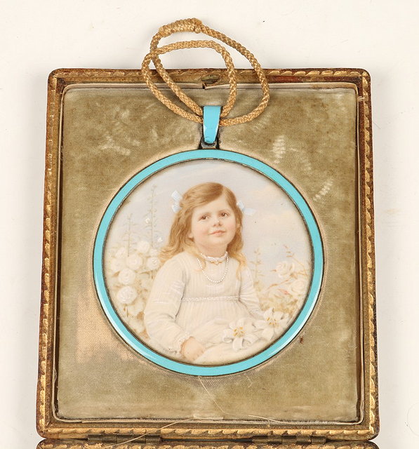 Appraisal: A MINIATURE CIRCULAR PORTRAIT of a girl circa with hair