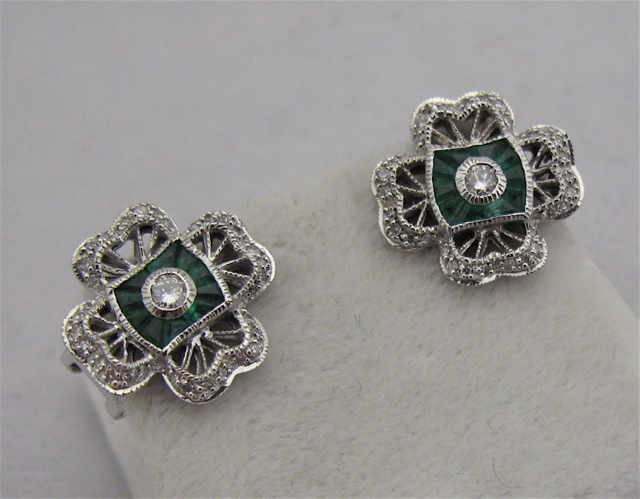 Appraisal: PAIR OF EMERALD DIAMOND AND KARAT GOLD EARRINGS each white