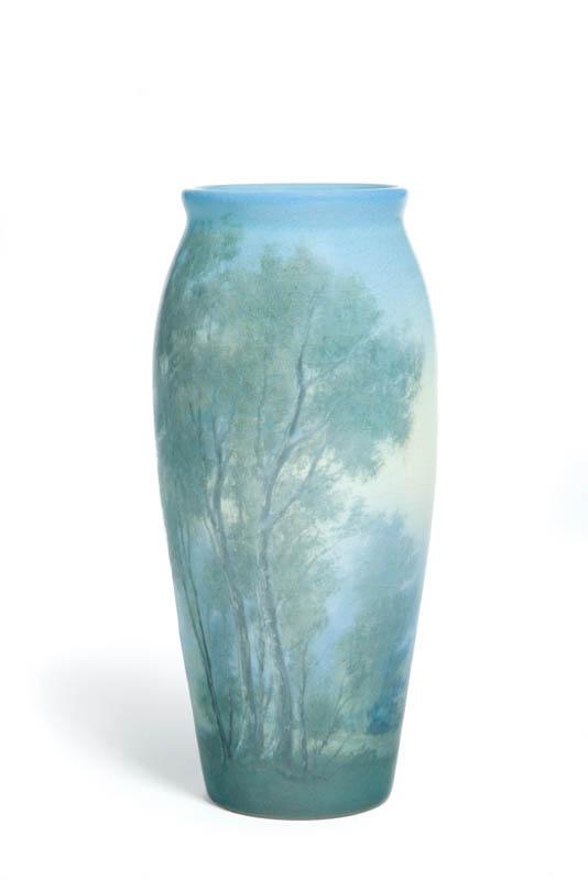 Appraisal: ROOKWOOD VELLUM VASE Scenic forest decoration by Ed Diers Signed