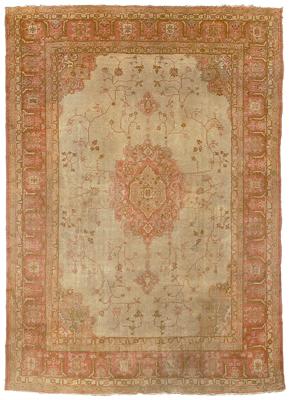 Appraisal: Oushak rug pale rose central medallion on ivory central field