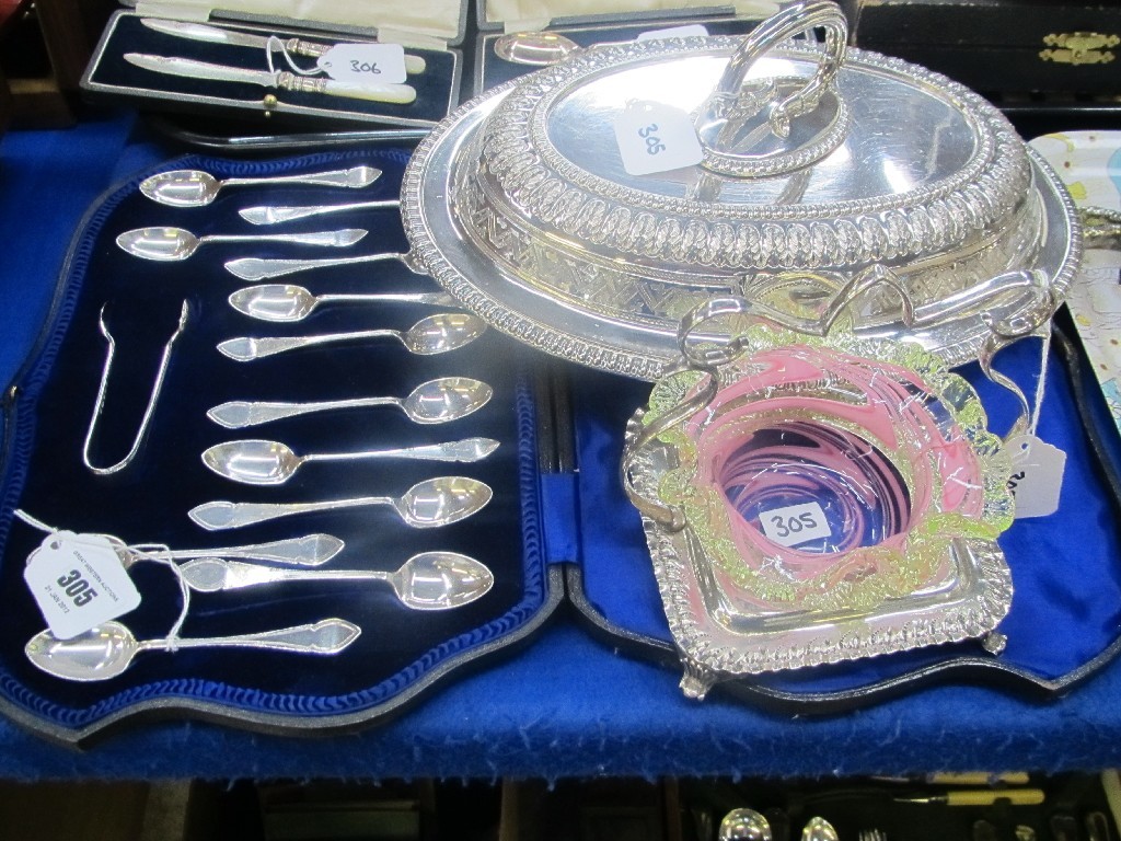 Appraisal: Lot comprising EP spoon and tong set EP entree dish