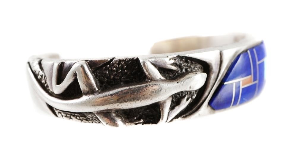 Appraisal: Sterling silver figural bracelet with relief lizard and coral lapis