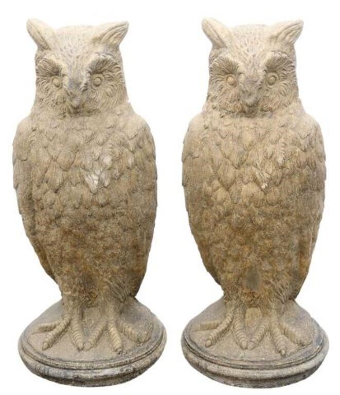 Appraisal: pair Cast stone garden statuary Owls late th c on