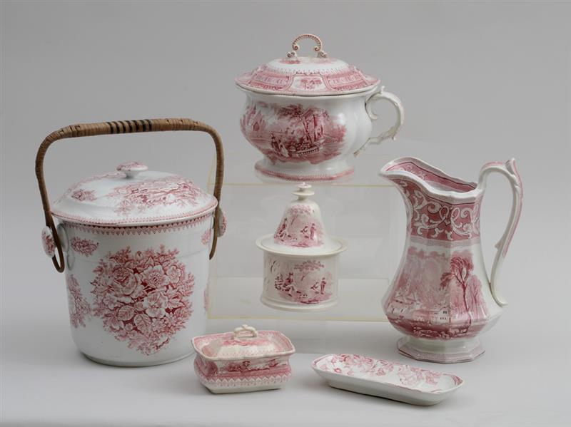 Appraisal: GROUP OF SIX STAFFORDSHIRE RED TRANSFER-PRINTED TOILETRY ARTICLES Comprising a